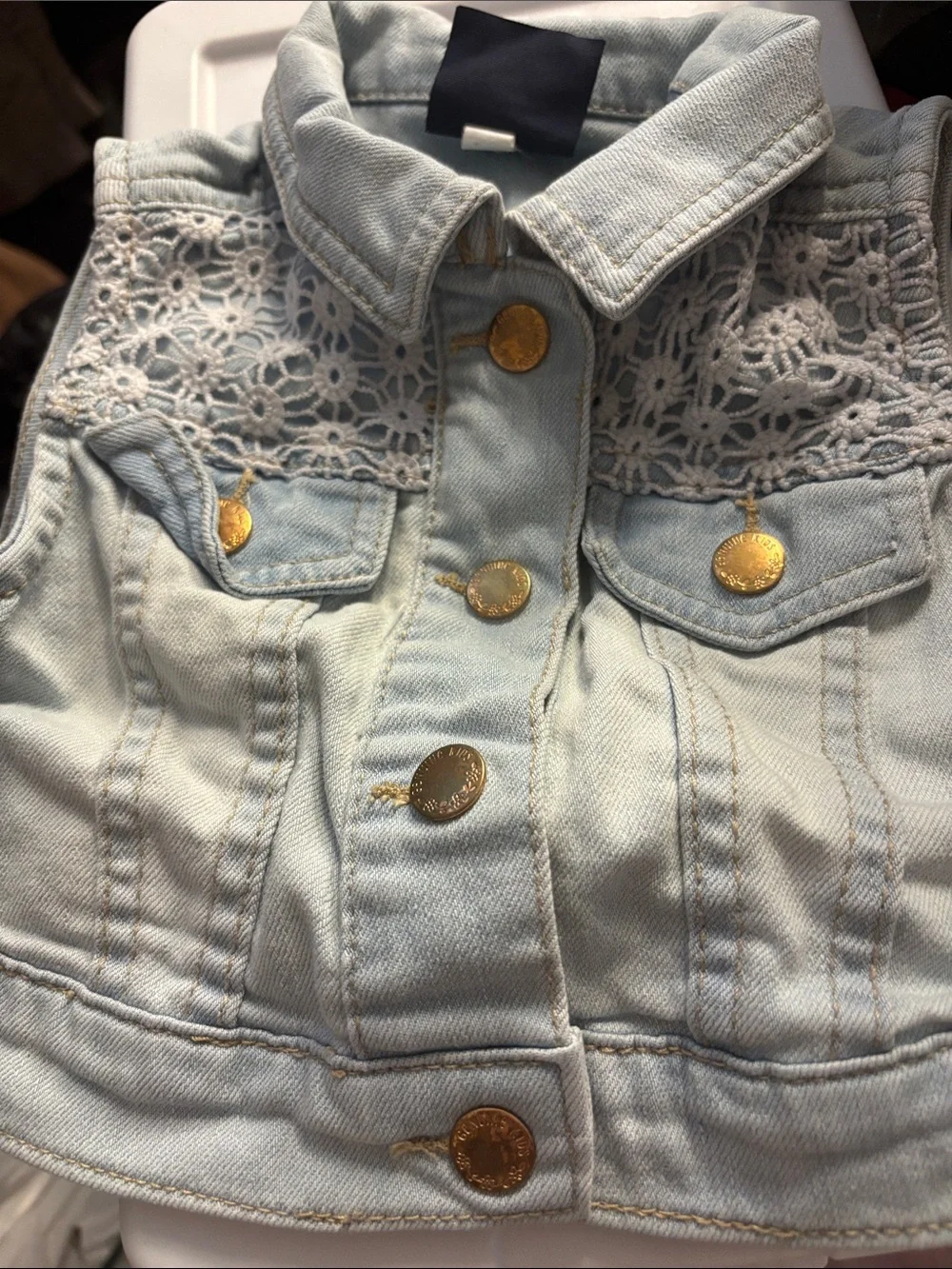 OshKosh B'gosh Light Blue Denim Vest with Lace Yoke and Gold Buttons 18 Months
